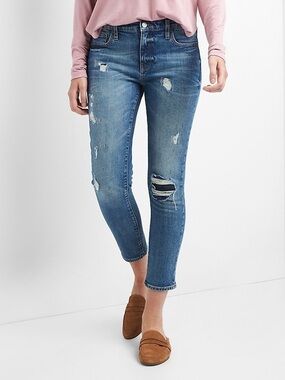 GAP Best Girlfriend Jeans Distressed Ankle Crop Boho Light Wash Blue Denim 25